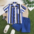 thumbnail image 2 of UngA Toddler Boy Clothes Summer Outfit Short Sleeve Button Down Collared Shirt Little Boy Shorts Set Cotton Clothes for Boys (Blue,6-7 Years), 2 of 7