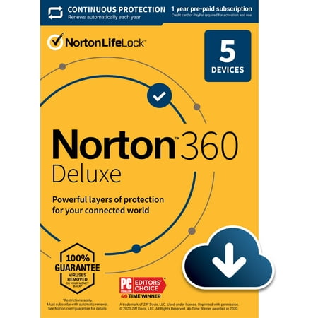 Norton 360 Deluxe, Antivirus Software for 5 Devices, 1 Year Subscription, PC/Mac/iOS/Android [Digital Download]