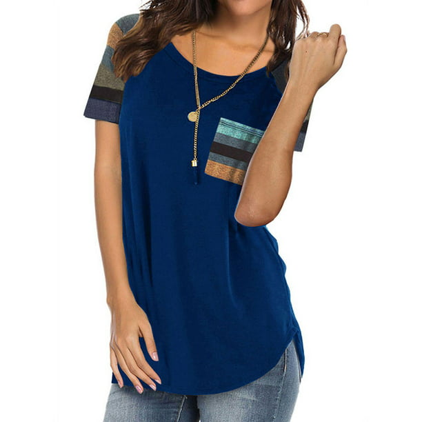 Women Round Neck Short Sleeve Color Block Tunic Shirt - Walmart.com