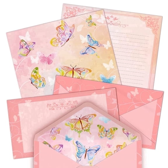 ANZON MORIES 72 Pcs Stationery Set 8.5x11in (48 Sheets Writing Letter 24 Envelopes), Pink Butterfly Stationary Paper 1 Side Lined