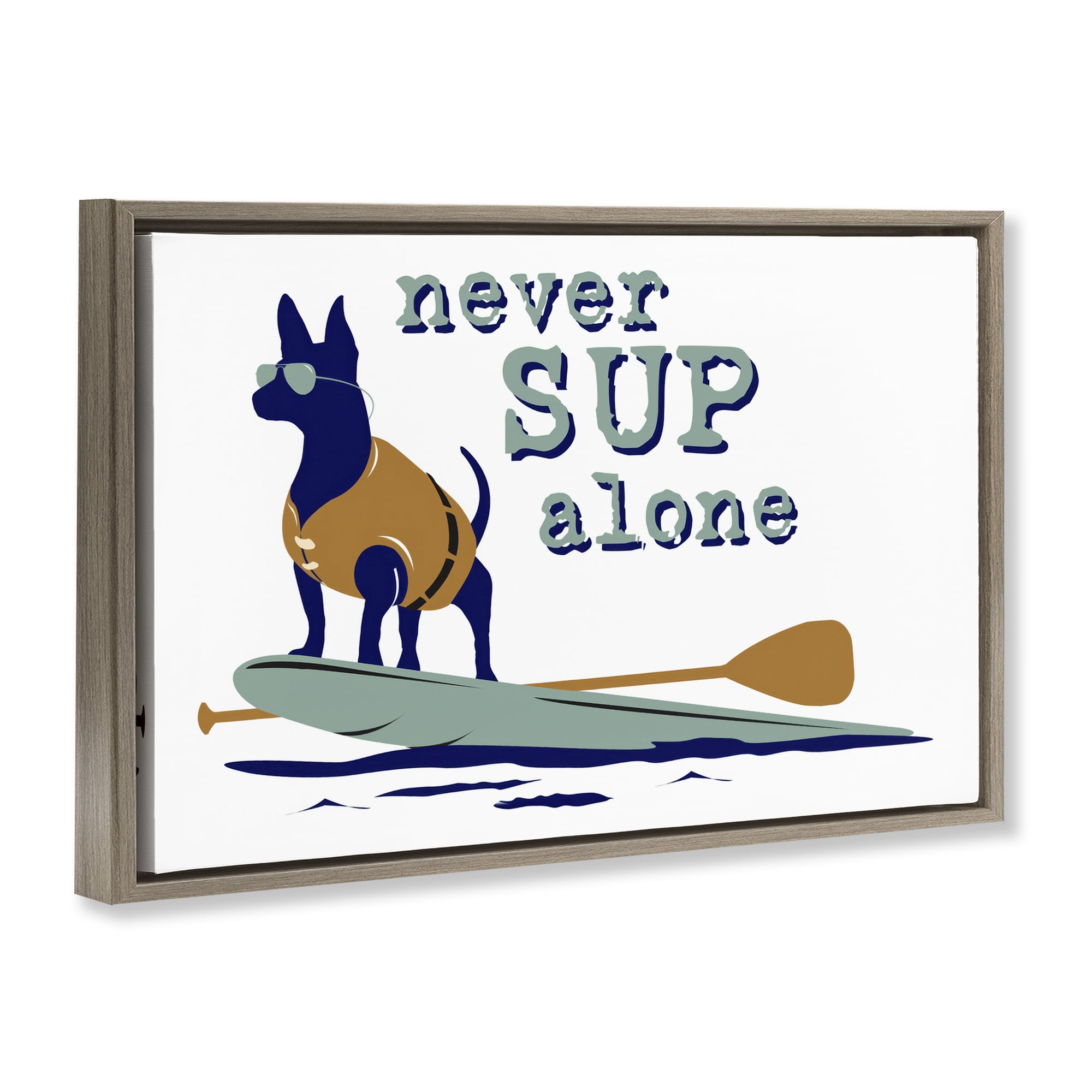 Stupell Industries Never Paddleboard Alone Dog Animals Painting Brown Floater Framed Canvas Art Print Wall Art, 25 x 17