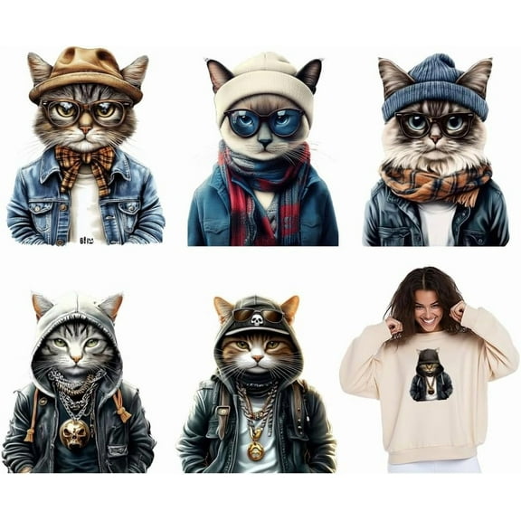 6PCS Cats Iron on Transfer Decals for Clothing Cute Cat Heat Transfer Stickers Patches for DIY Clothes Funny Animal Transfers for T-Shirt Backpacks Craft DIY Decoration Applique