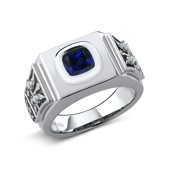 Gem Stone King 2.56 Ct Cushion Blue Created Sapphire 925 Sterling Silver Men's Ring (Size 13)