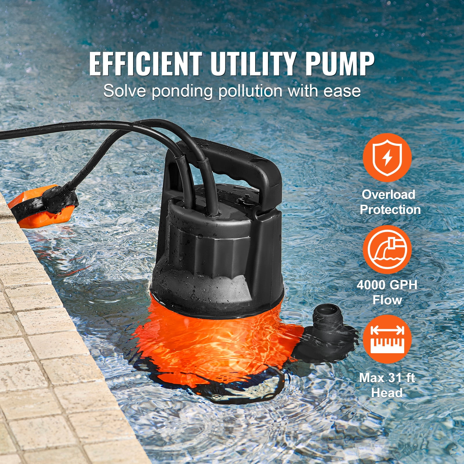 KFFKFF Water Removal Pump, 1 HP Power, 4000 GPH Flow Rate, 31 ft Max Lift, Submersible Sump Pump with 10 ft Power Cable for Pool, Garden Pond, and Basement Draining