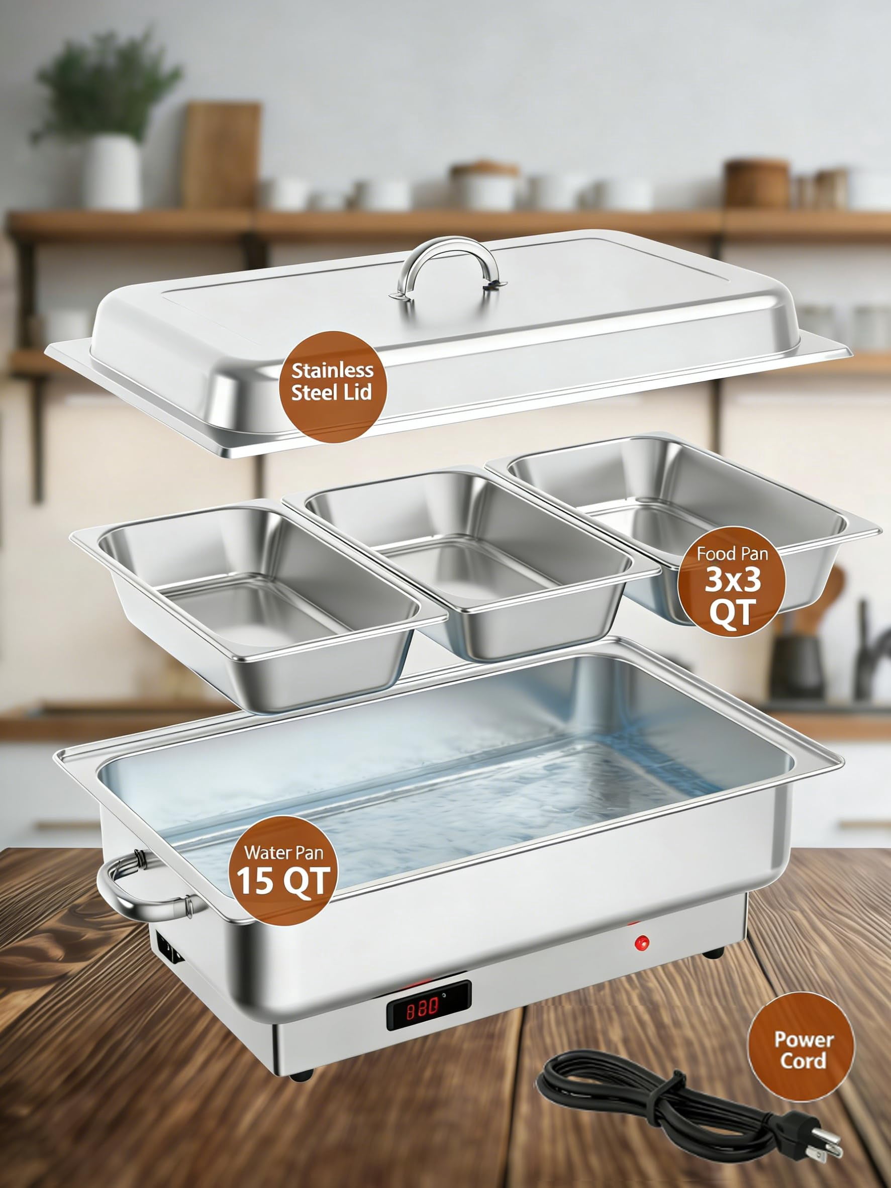 2 Pack Electric Chafing Dish Buffet Set,3 x 3 QT Stainless Steel Food Warmers, 600W Digital Display Temperature Control Serving Trays for Parties Catering Weddings, Sections Dishwasher Safe
