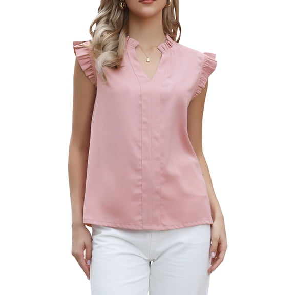 INSPIRE CHIC V Neck Tops for Women's Summer Casual Ruffles Solid Sleeveless t Shirts Blouses XS Pink