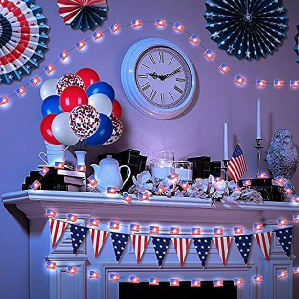 Xihbxyly Guirnalda de Luces con Banderas, Decoración Patriótica con Estrellas Rojas, Blancas y Azules, Brillo para Celebrar El Día de La Independencia, Luces Centelleantes Duraderas a Pilas, Uso En I