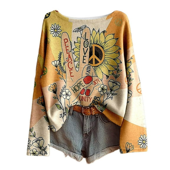Yuanlong Womens T-Shirts Peace Sign Sunflower Print Long Sleeve Crewneck Tee Shirts Spring Daily Casual Stylish Lady Tops