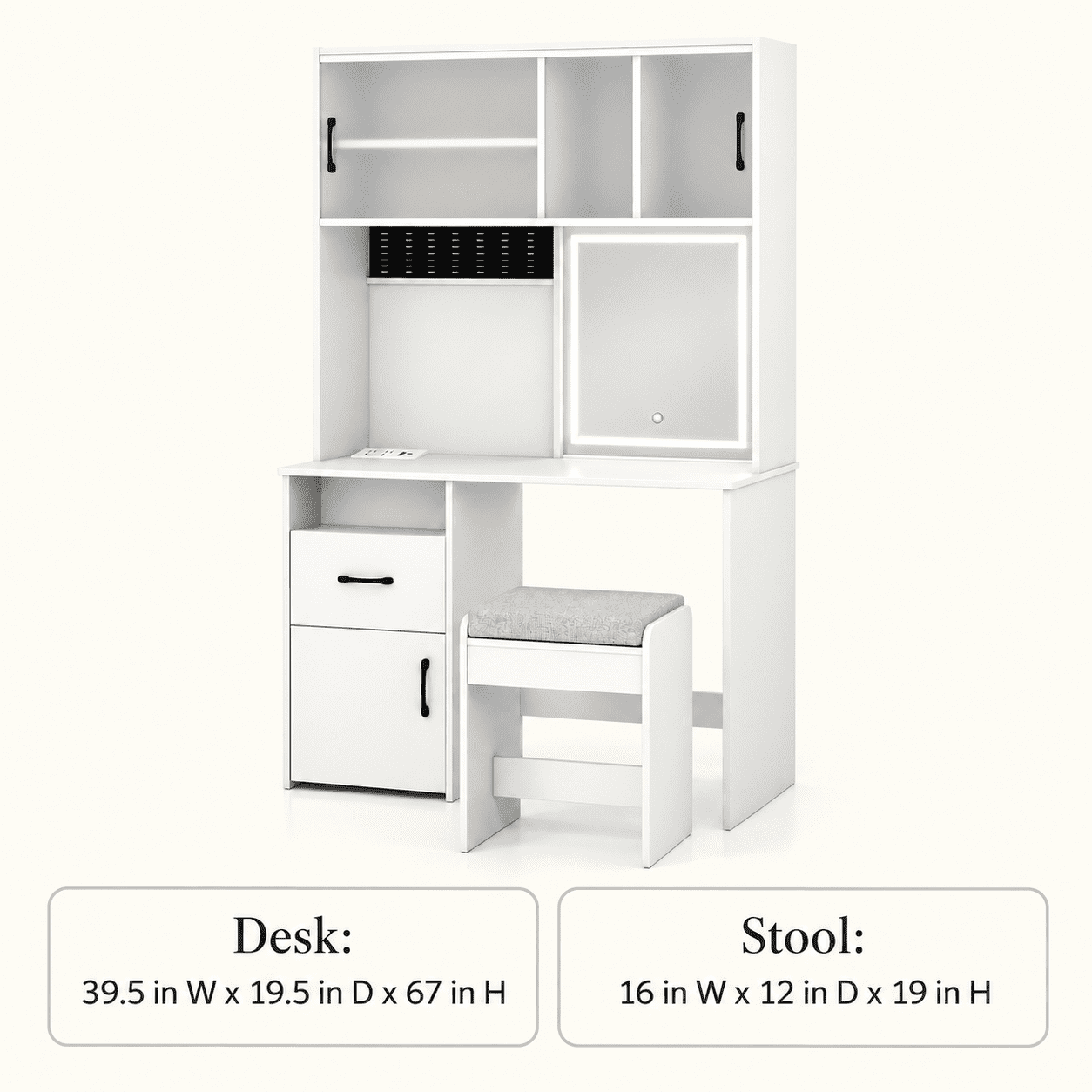 Furnibear Makeup Vanity Desk with Mirror and Charging Station, 67 Inch Tall Vanity Set with Lights and Cushioned Stool, White