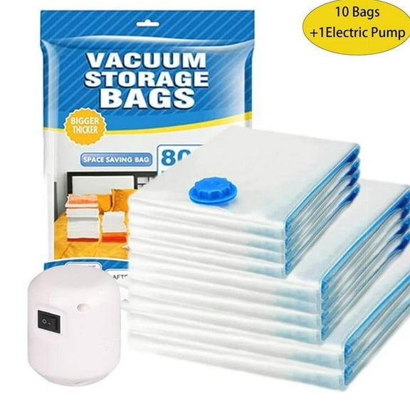 10-Pack Vacuum Storage Bags – Jumbo Space Saver & Sealer Bags, for Pillows Clothes Comforters Blankets Bedding Airtight Compression Storage for Organizing & Protecting (electric pump)