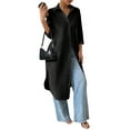 thumbnail image 3 of Women'S Casual Mid-Sleeves Button Down Shirts Solid Lapel Long Blouses Tops Black L, 3 of 9