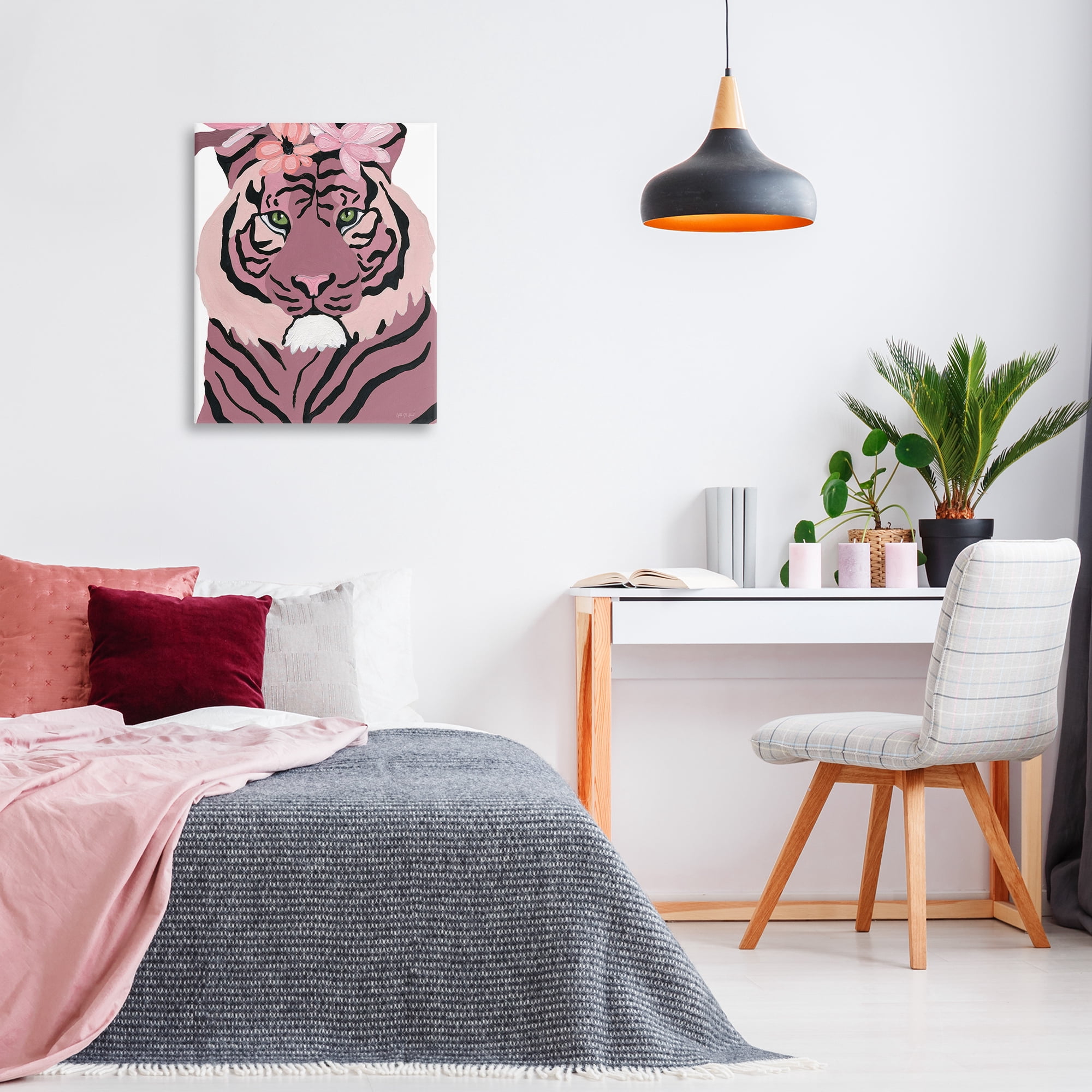 Stupell Industries Tiger with Pink Blooms Animals & Insects Painting Gallery Wrapped Canvas Art Print Wall Art, 24 x 30