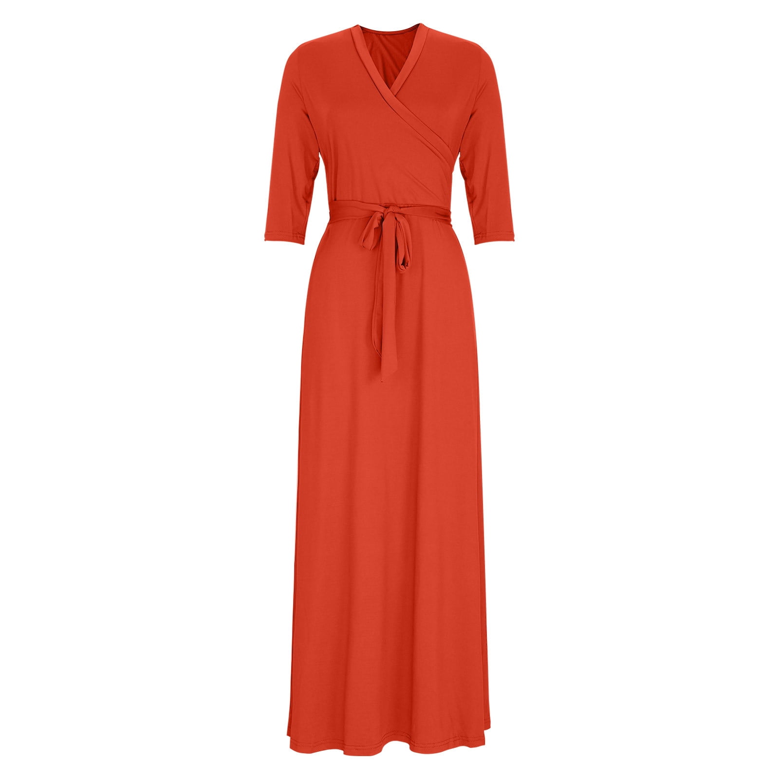 JGGSPWM Plus Size Solid Color V-neck Waist Maxi Dress for Women Spring and Autumnr Casual 3/4 Sleeve Flowy Long Dress Orange L