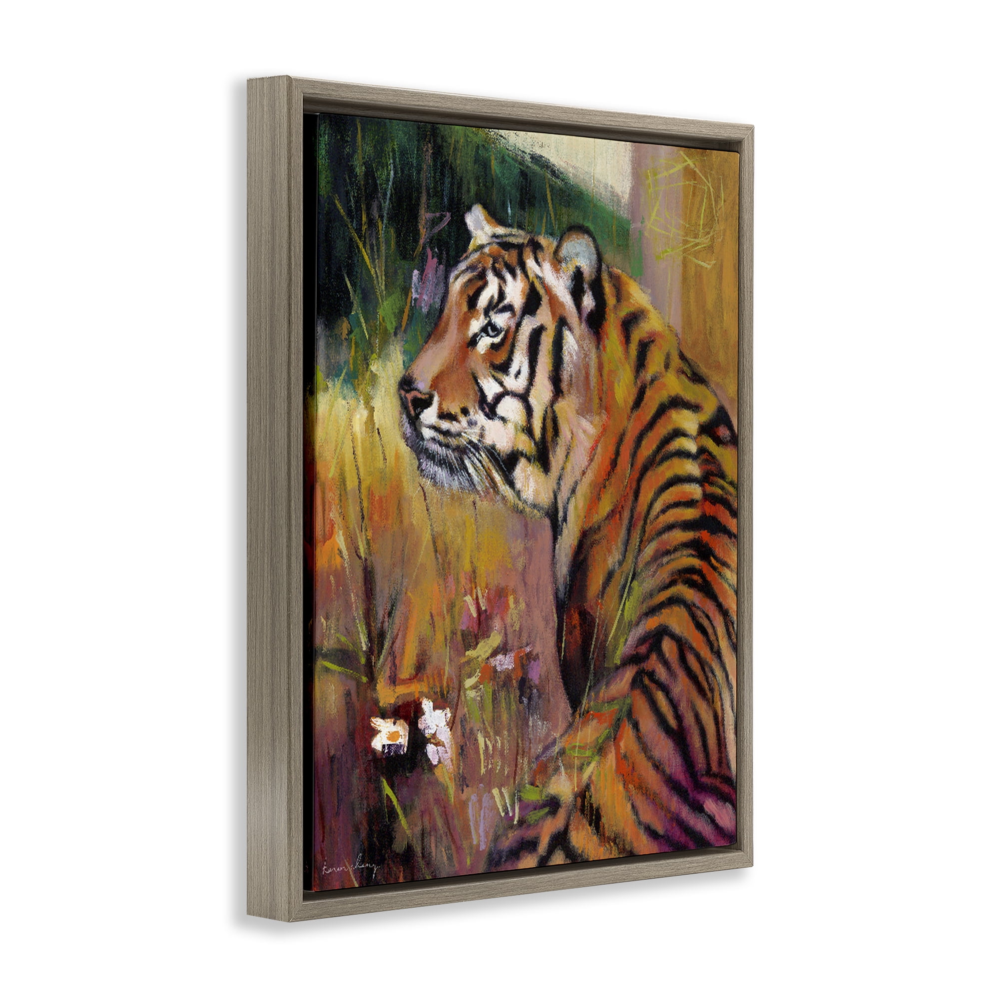 Stupell Industries Patience Tiger in Wait Brown Framed Floater Canvas Wall Art, design by Karen Chang