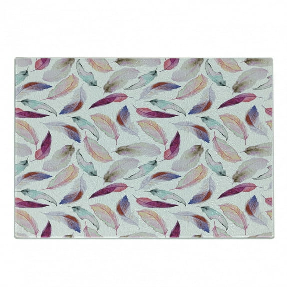 Feathers Cutting Board, Mix Feather Motifs in Romantic Feminine Inspired Colors Outer Wing Covert Theme, Decorative Tempered Glass Cutting and Serving Board, Small Size, Pink Purple, by Ambesonne