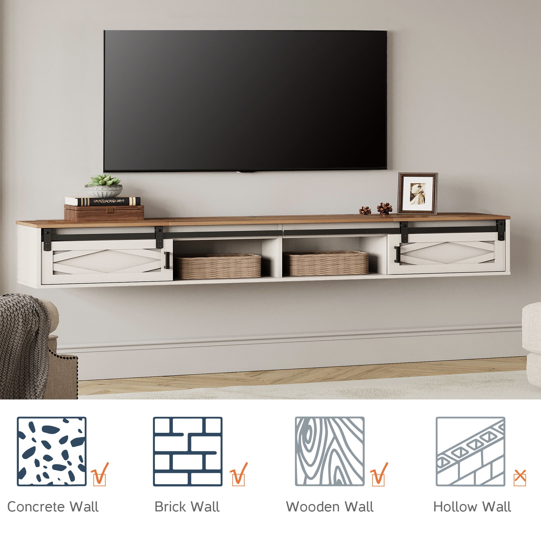 Sliding Barn Door Floating TV Stand with Charging Station，White