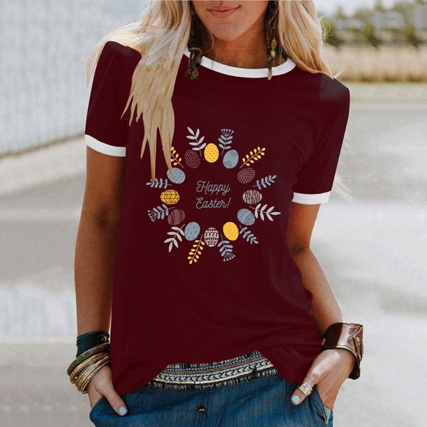 Fiudx Camisas de Mujer Top de Manga Corta con Cuello Redondo y Estampado Regular de Feliz Pascua Sexy de Verano para Mujer
