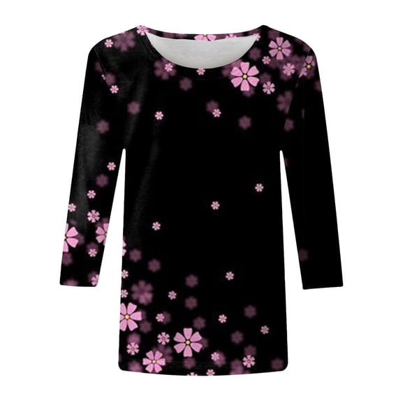 Refurbished Hpapadks Women's Floral Sequins Print O-Neck 3/4 Sleeve Loose Fit Side Split Summer Top, Black, M