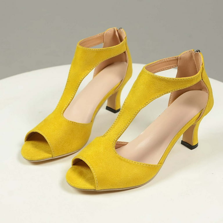 KIJBLAE Women Peep Toe Chunky Heel Sandals Yellow Suede