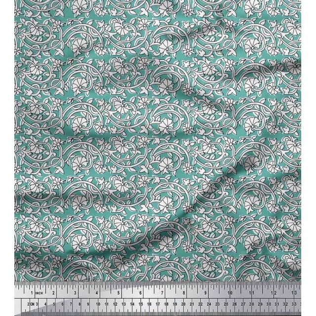 Soimoi Modal Satin Fabric Leaves & Floral Block Fabric Prints by Yard 42 Inch Wide