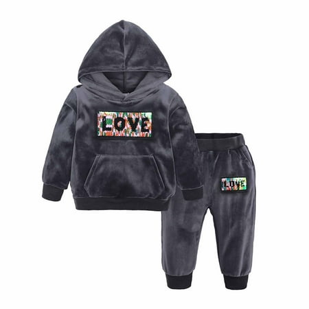 

YYDGH Boys Girls 2Pcs Velvet Hooded Tracksuit Toddler Kids Love Letter Fleece Hoody Top + Sweatpants Sweatsuit Outfits Set(Gray 6-12 Months)