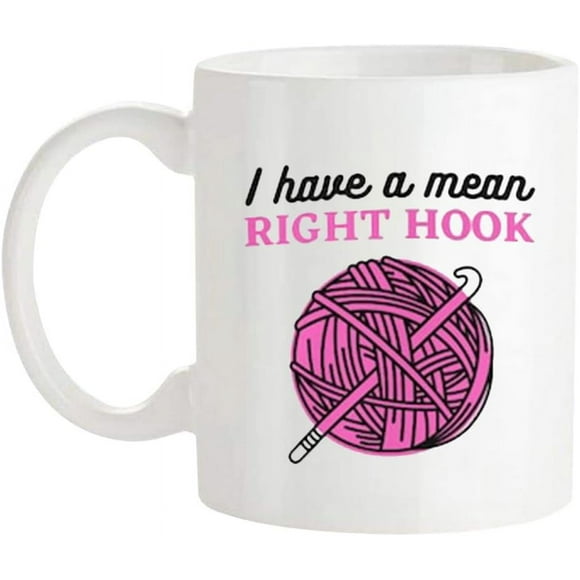 shiyou-- I Have A Mean Right Hook - Crochet Mugs Fun Saying Mugs Crocheter Hooks Lover, Yarn Ball Coffee Cup, 11 Oz Novelty Coffee Mug/Cup