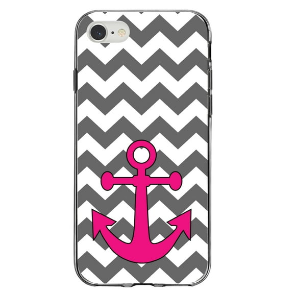 DistinctInk Clear Shockproof Hybrid Case for iPhone 7 8 SE (2020 Model) 4.7" Screen TPU Bumper Acrylic Back Tempered Glass Screen Protector - Grey White Pink Chevron Anchor - Nautical Chevron Design