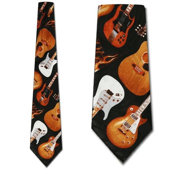 Mens Guitar Music Tie Pattern Diagonal Black Necktie by Three Rooker