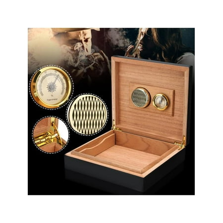 Wood Storage Case Black Cedar Wood Lined Cigar Storage Case Box + Humidor Humidifier Hygrometer for 20-25 Cigars Holder ()