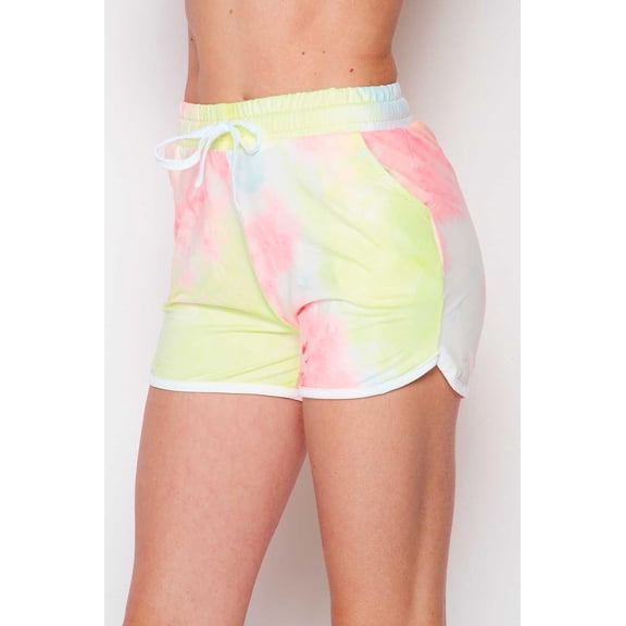 Buttery Smooth Pink and Yellow Tie Dye Drawstring Waist Dolphin Shorts with Pockets Yellow L/XL