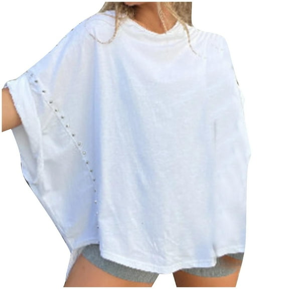 Timegard Womens Tops Crewneck Short Sleeve Oversized Loose Top Irregularly Casual Solid Color Summer Fashion