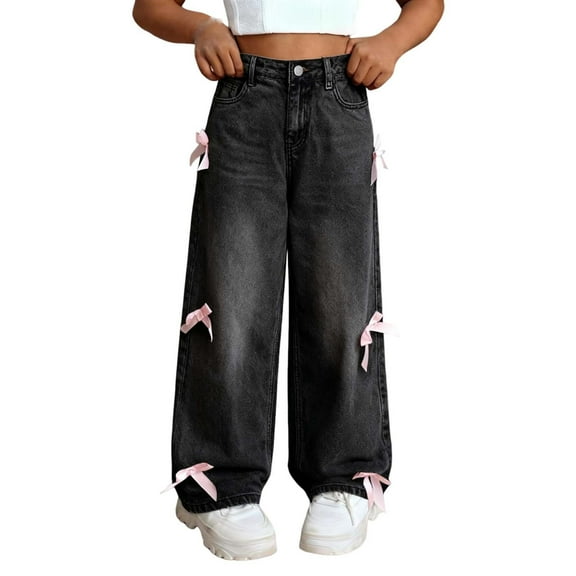 Babcutegg Jeans for Kid Girls High Waist Straight Leg Regular Fit Denim Pants Cowboy Pants Girls Fall and Winter Trousers Black Size 12-13