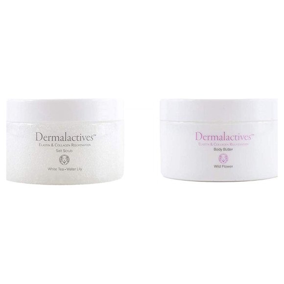 Dermalactives Replenishing, Nourishing & Exfoliating Body Scrub and Body Butter Set For a Smooth, Soft and Healthy Body Care Experience (SALT: White Tea – Water Lily + BUTTER: Wild Flower)