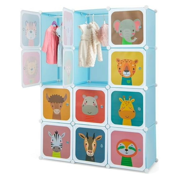 Kids Wardrobe Closet, Baby Clothes Storage Organizer, 12 Cubes & 2 Hanging Sections, Portable Children DIY Modular Bedroom Armoire Dresser Cabinet for Boys Girls (Blue)