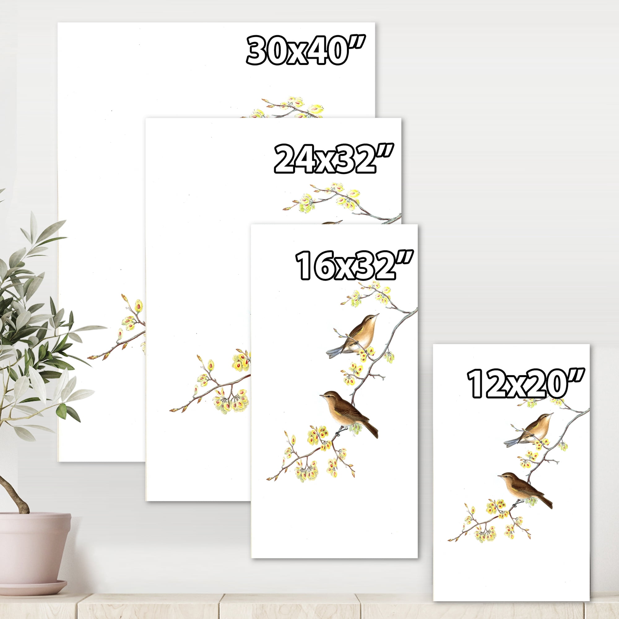 Designart ' Little Birds Sitting On The Tree Branches II ' Traditional Canvas Wall Art Print