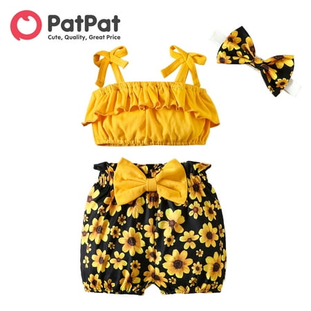 

PatPat 3pcs Baby Girl 95% Cotton Solid Ruffled Crop Cami Top and Allover Floral Print Shorts & Headband Set