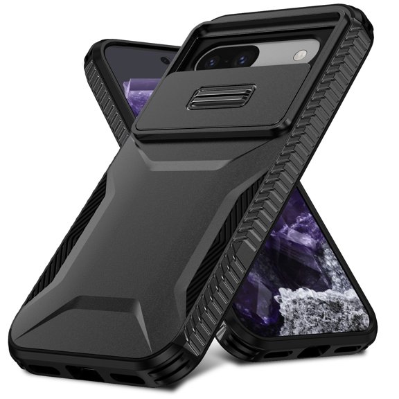 for Google Pixel 8a, Luxury Sliding Camera Cover Soft TPU Hard PC Shockproof Drop Protective Hybrid Stylish Ultra Slim Frosted Anti-slip Grip Case for Google Pixel 8a, Black