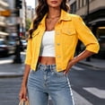 thumbnail image 6 of FDGIU Women's Lapel Button Down Cropped Denim Jacket, Three Quarter Sleeve Solid Jean Coat with Chest Flap Pockets for Spring Summer Casual Daily Layering, 6 of 7