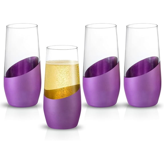 MyGift Set of 4 Purple and Gold Stemless Champagne Flutes 11 oz Modern Sparkling Wine Glasses Elegant Toasting Drinkware for Weddings Parties Home Bar Celebrations