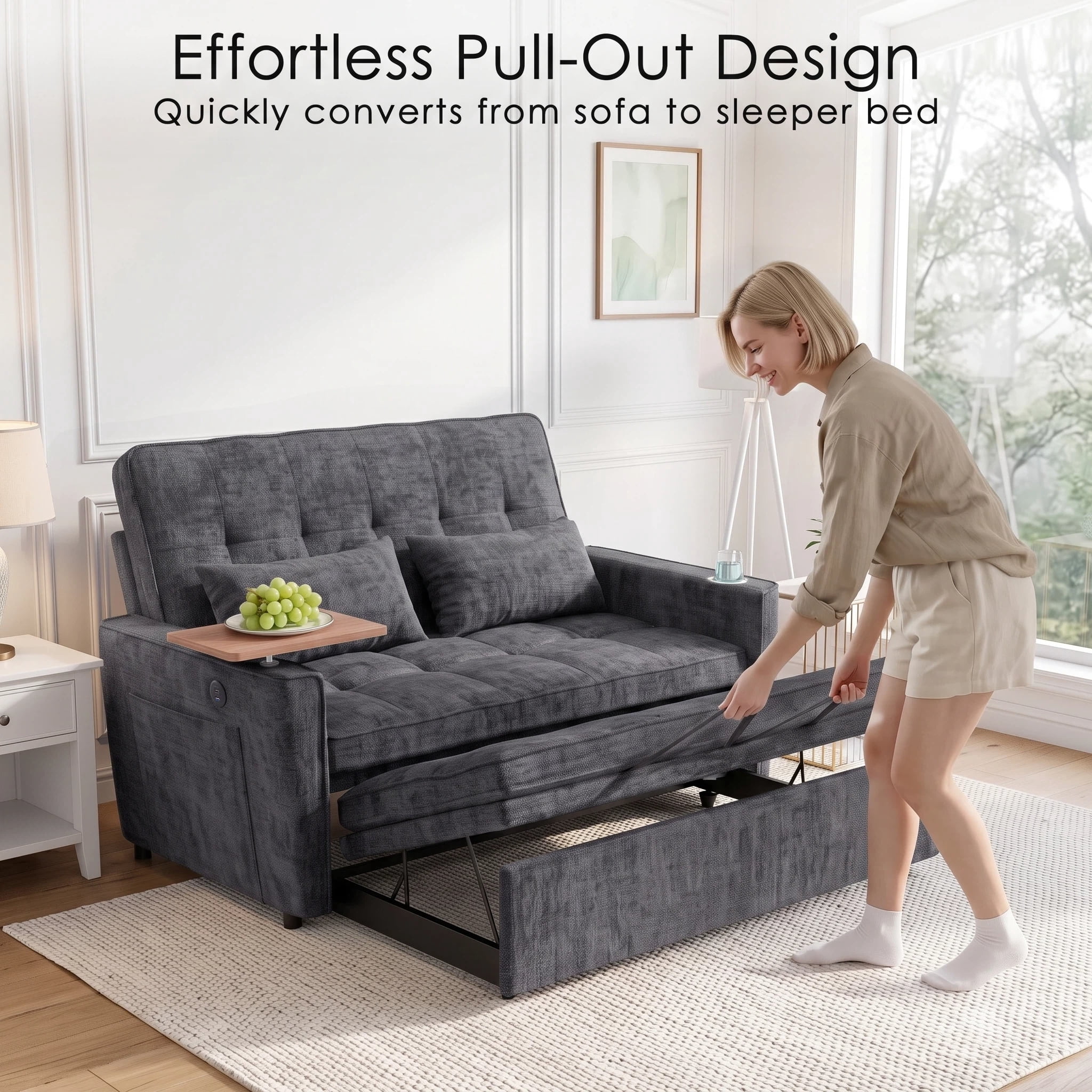 AISWORD 54" Convertible Pull Out Sleeper Sofa Bed, Chenille Loveseat Couch with USB Port, Side Tray Table, Cup Holder, Storage Pockets & Adjustable Backrest for Small Spaces, Dark Gray