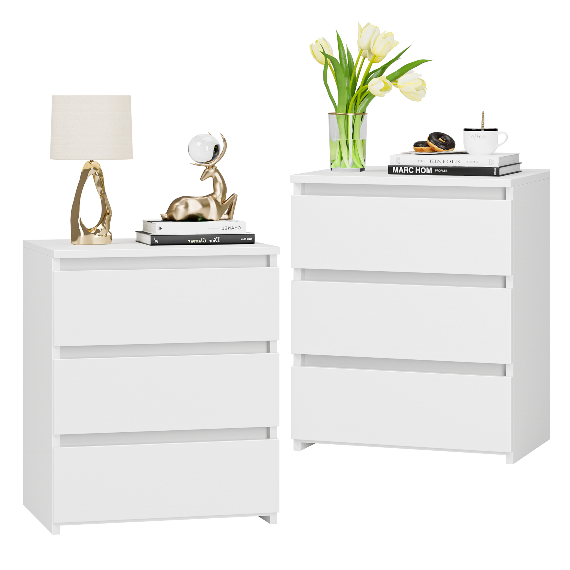 Homfa White Nightstand with 3 Drawers, Set of 2