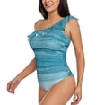 thumbnail image 3 of Picia Teal Turquoise Fluid Stripes Pattern Women's One Piece Swimsuits,One Shoulder Swimwear Asymmetric ,Ruffle Monokinis Bathing Suits,High Waisted Flattering Bathing Suits-Small, 3 of 8