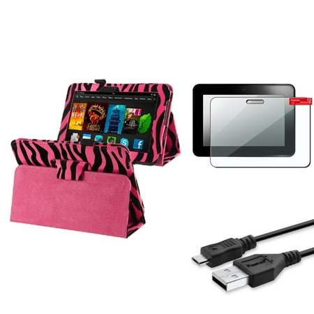 Insten Pink Zebra Stand Case Folio+Pro+USB Charger Cable For Kindle Fire HD 7 (designed for 2012 ver ONLY)(w/ Auto Wake)
