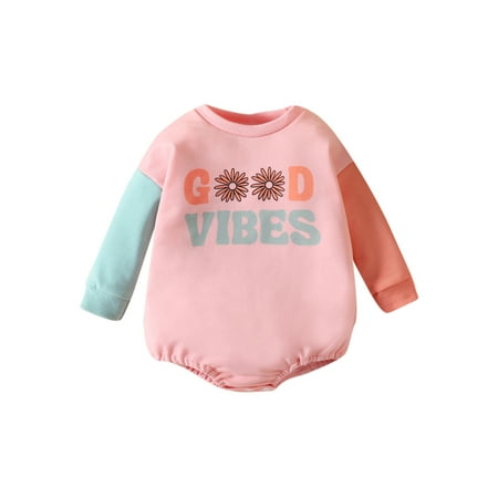 

wybzd Toddler Baby Girls Romper Patchwork Long Sleeve Letter Print Sweatshirt Infant Pullover Tops Light Pink 12-18 Months