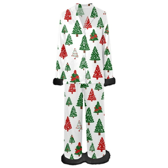 Pajamas for Women Christmas Satin Pajamas for Women Long Sleeve Button Down Pajama with Pants Christmas Womens Loungewear Set