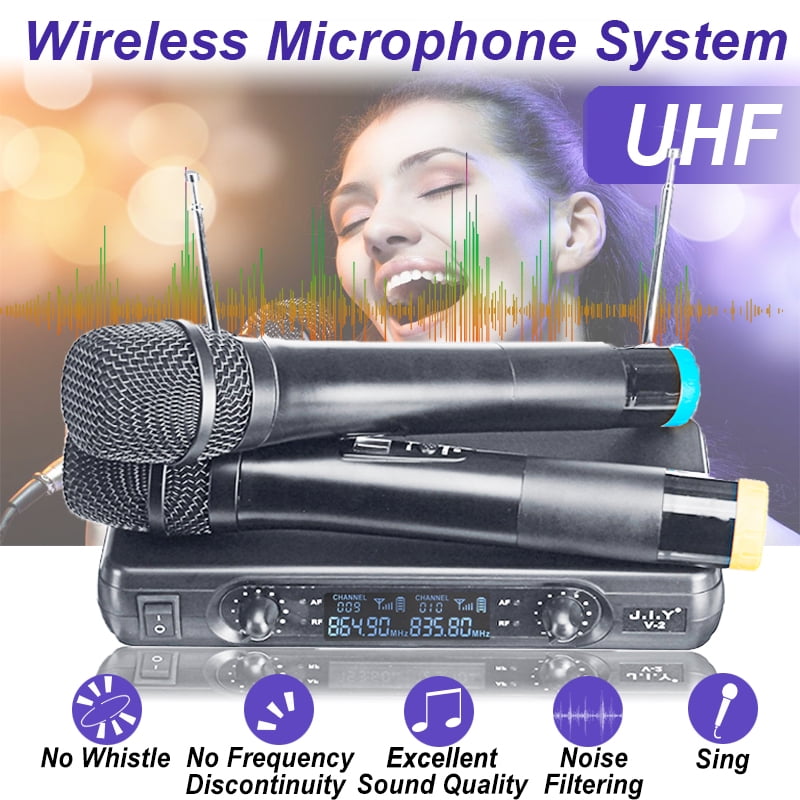 Wireless Microphone System UHF 2 Channel Handheld Dynamic 2 Mics