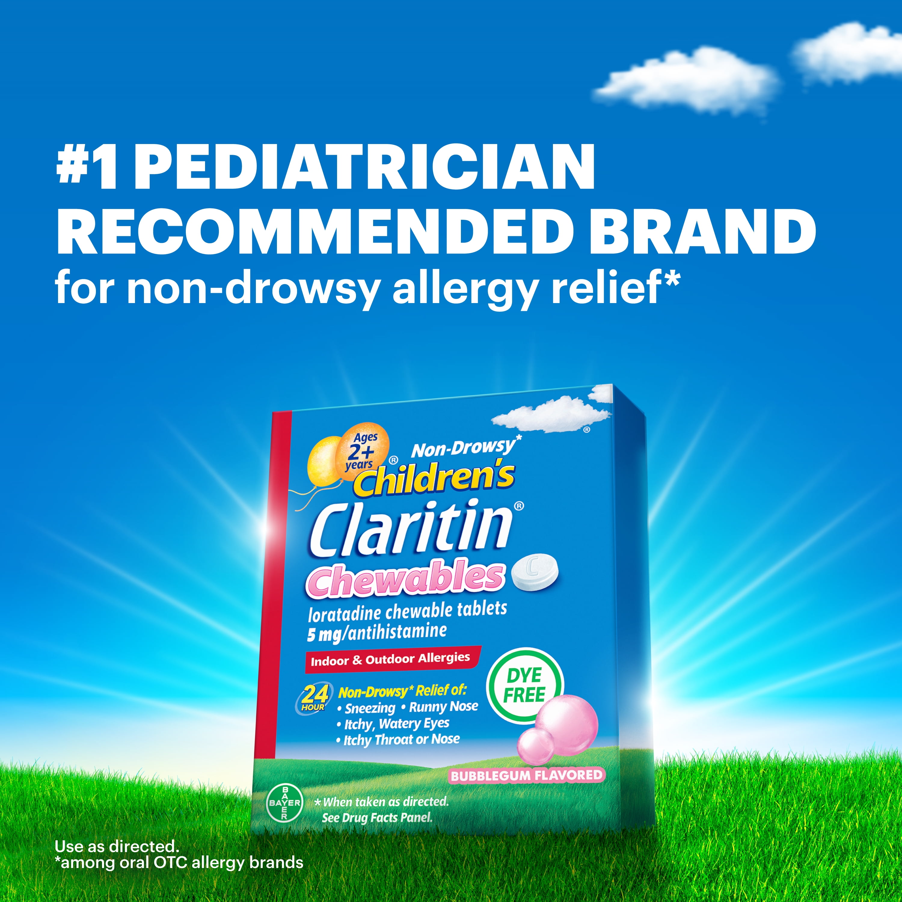 Children's Claritin 24 Hour Non-Drowsy Allergy Relief, Loratadine Antihistamine Bubblegum Chewable Tablets, Dye-free, 30 Count