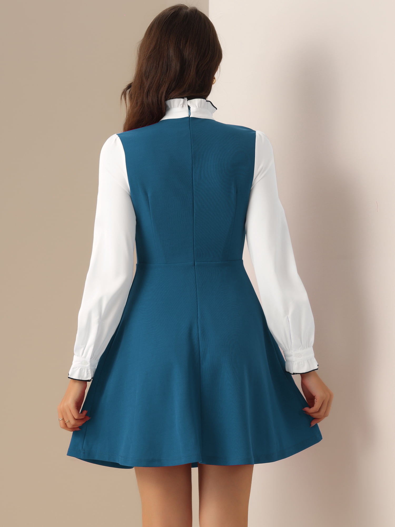 DARING DIVA Contrast Tie Neck Long Sleeve Elegant A-Line Dress M Lake Blue