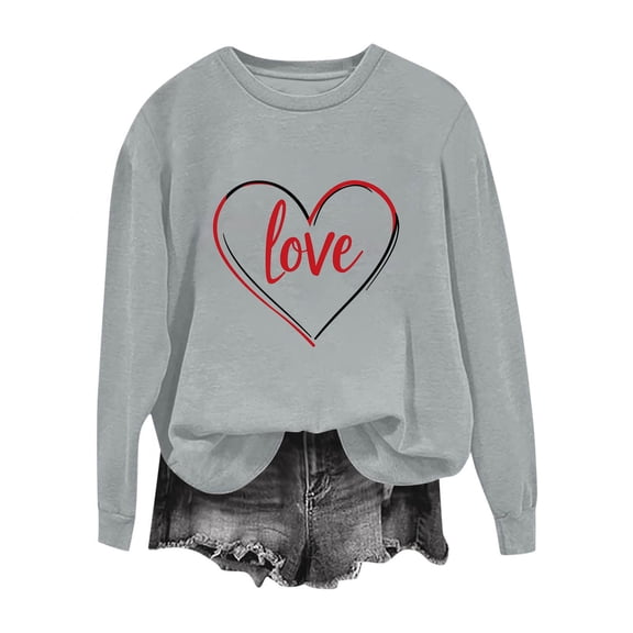 Valentines Sweatshirt for Women Funny Love Heart Graphic Shirts Casual Crewneck Holiday Pullover Long Sleeve Tops (XL, Gray)