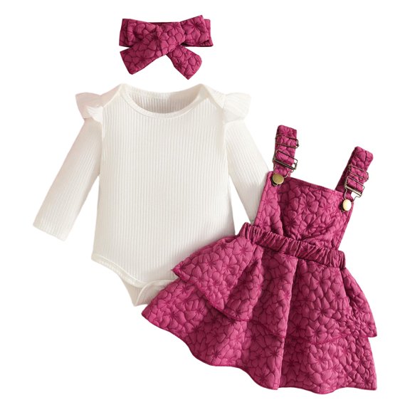 Duqingm Baby Girl Clothes Newborn Infant Fall Winter Outifts Ribbed Ruffle Long Sleeve Romper Skirt Outfit Set 3pcs (Hot Pink,6-9 Months)